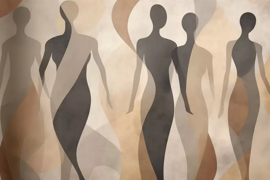 wall murals Silhouetted figures and soft waves in warm beige-gray tones w04787