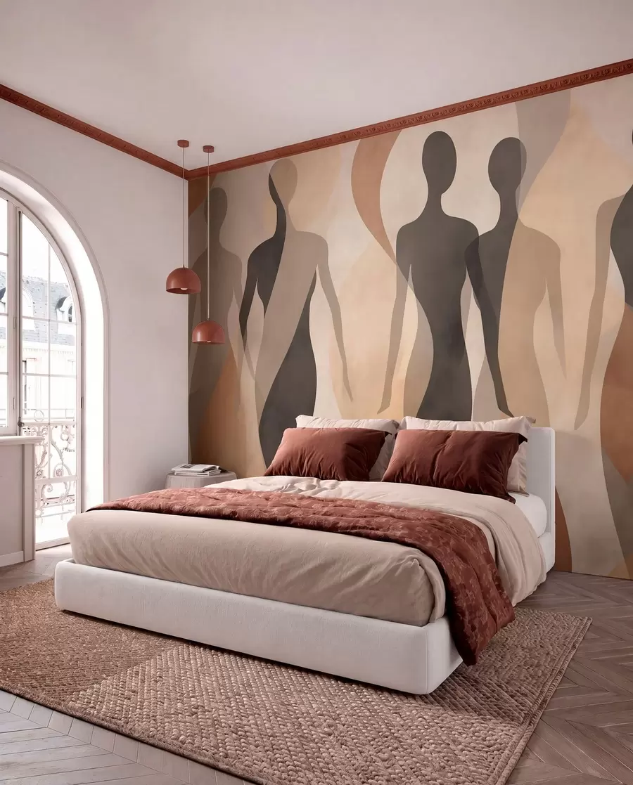 wall murals Silhouetted figures and soft waves in warm beige-gray tones w04787