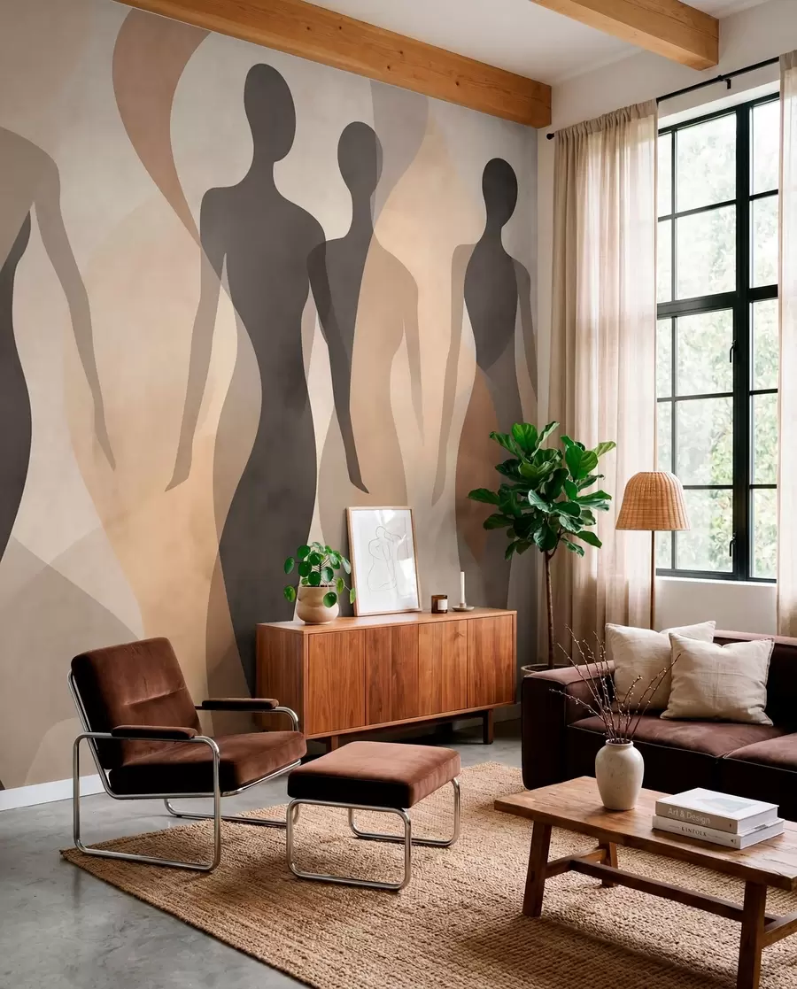 wall murals Silhouetted figures and soft waves in warm beige-gray tones w04787