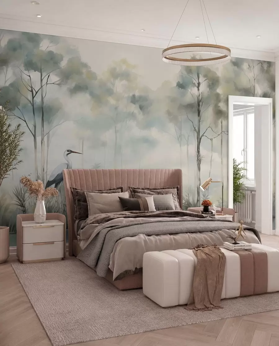 wall murals Misty forest by the water with herons, soft cool palette w04788