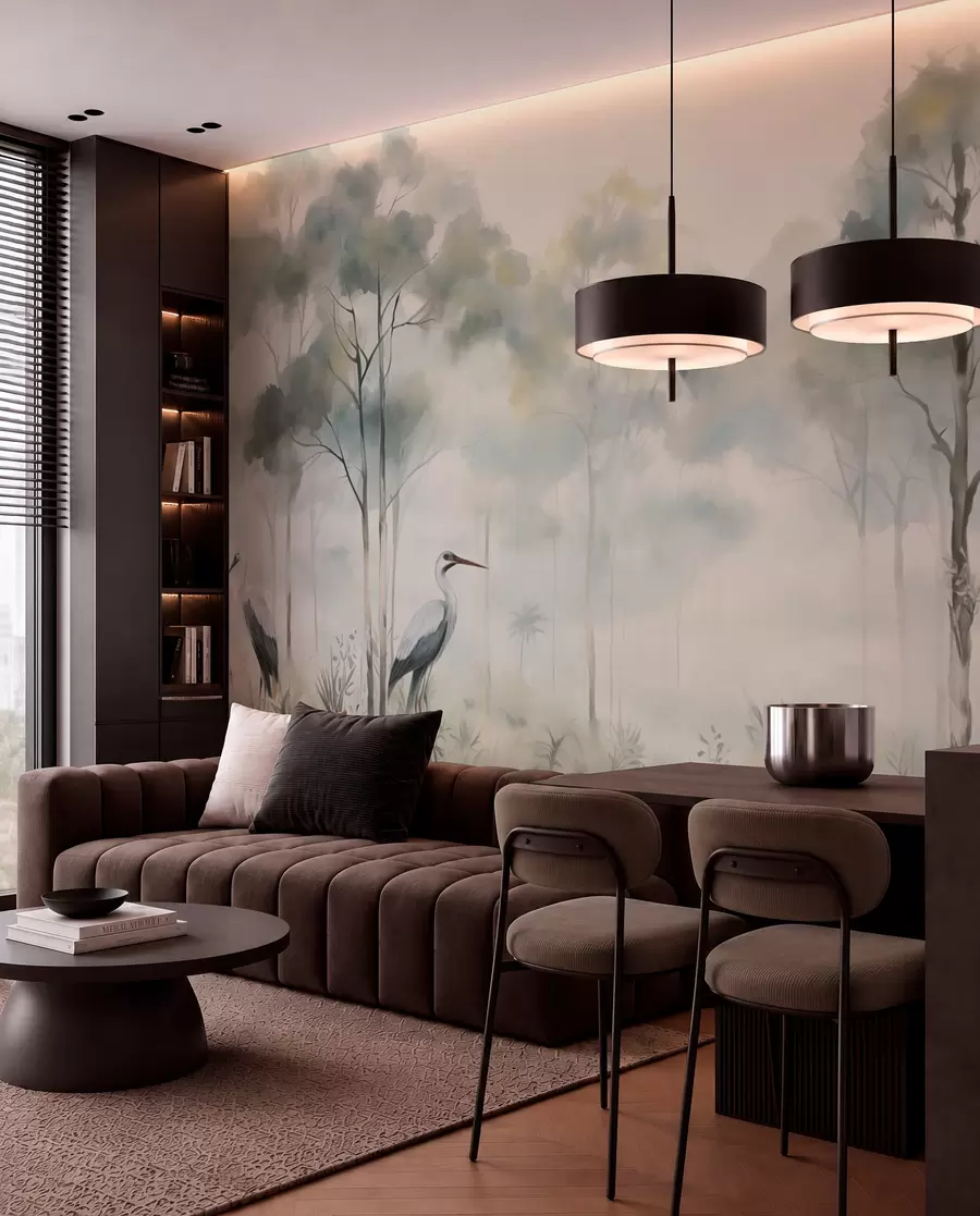 wall murals Misty forest by the water with herons, soft cool palette w04788