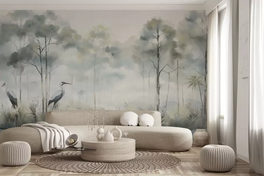 wall murals Misty forest by the water with herons, soft cool palette w04788