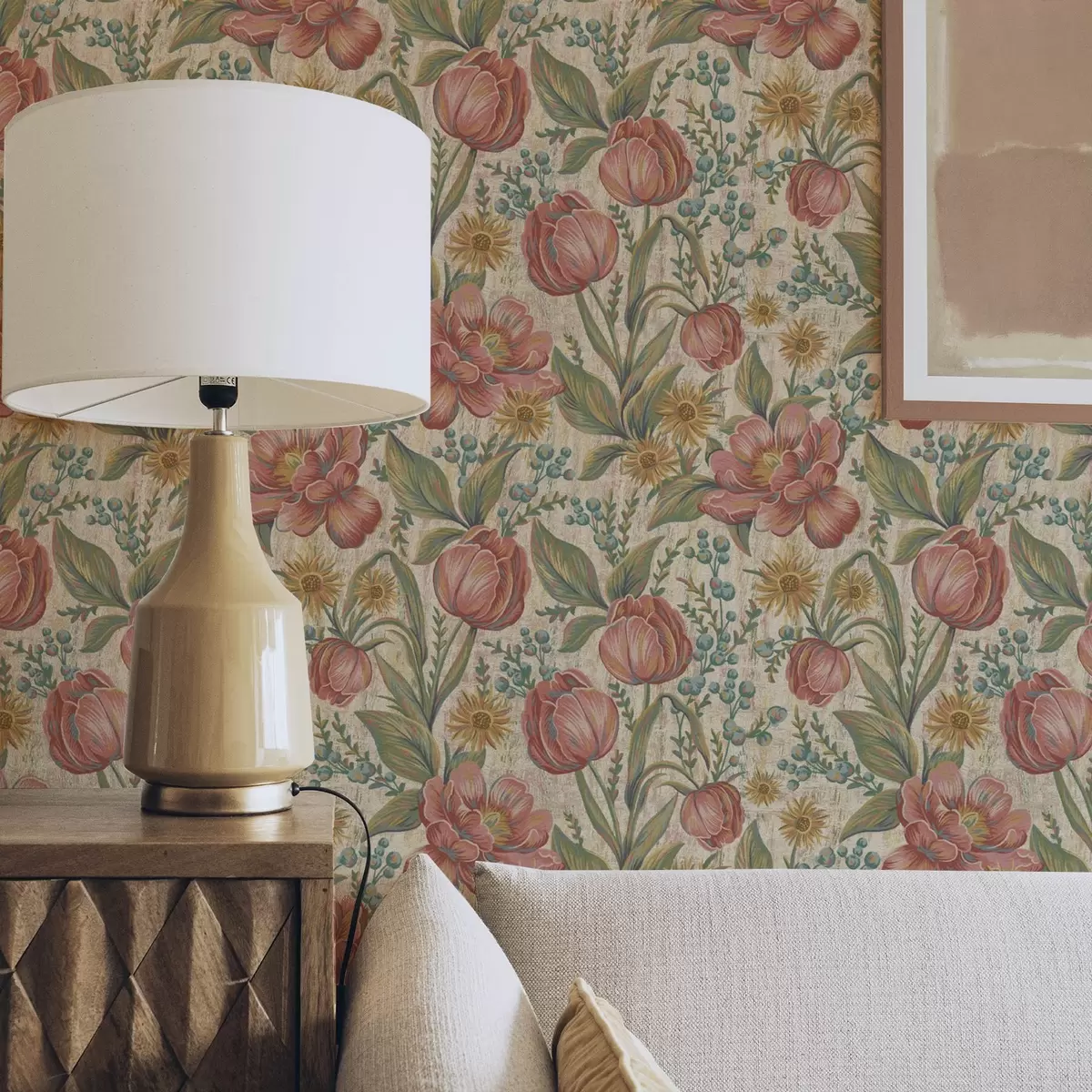 Wallpaper Vintage tulips and asters, textured cream ground a00773