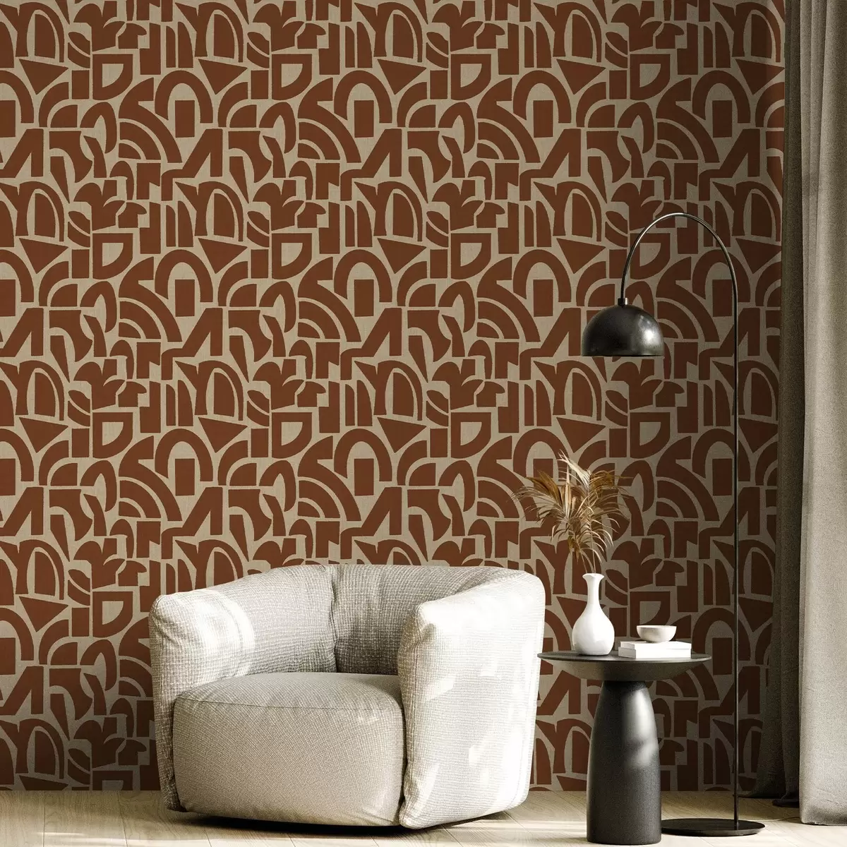Wallpaper Terracotta geometric shapes on linen a00774