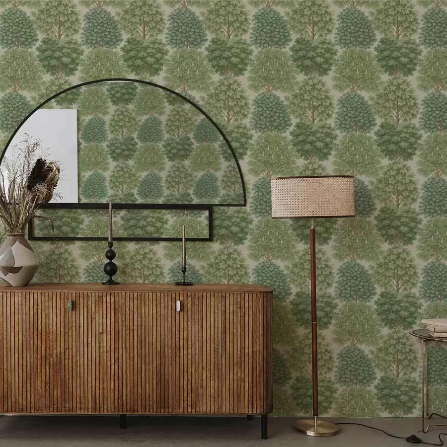 wall murals Tree garden in soft greens on a light ground a00775