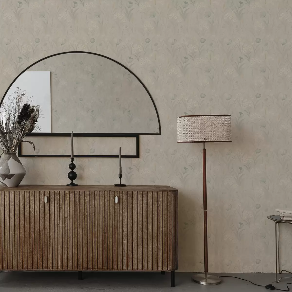 Wallpaper Gentle meadow with tulips and daisies, pastel sage a00779