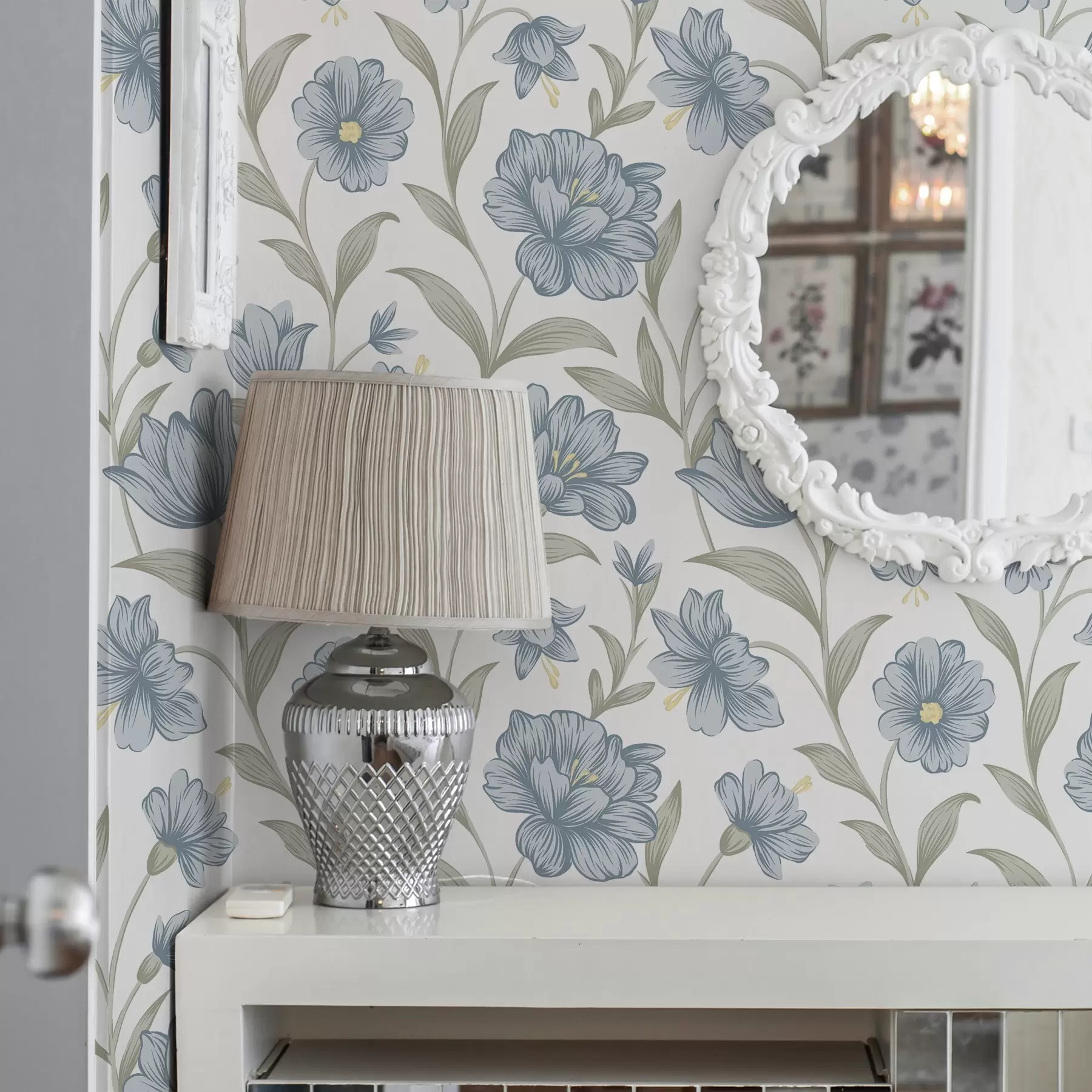 wall murals Dusty blue flowers with olive leaves on white a00780