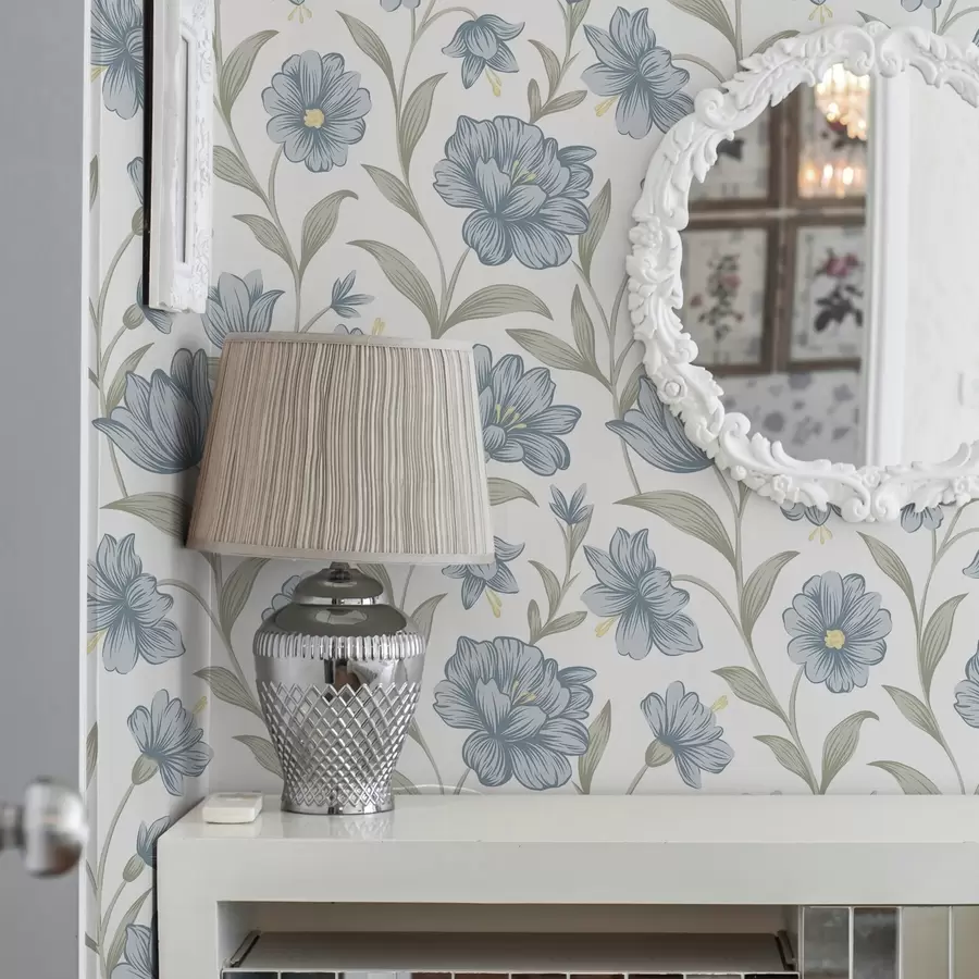 wall murals Dusty blue flowers with olive leaves on white a00780