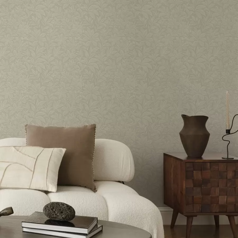 wall murals Embossed leaf silhouettes, warm taupe a00781