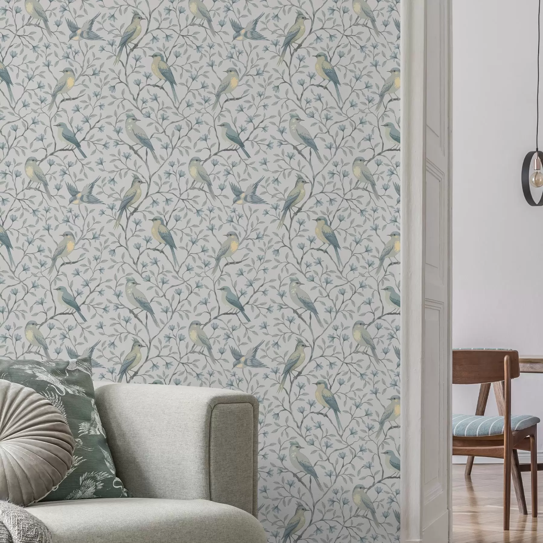 wall murals Birds on branches, gray-blue scheme a00782