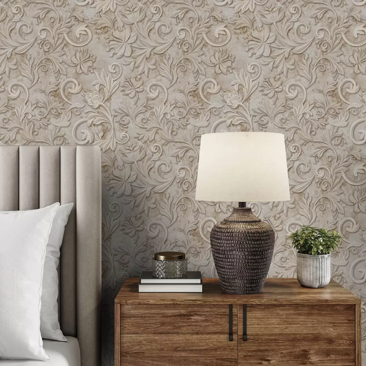 Wallpaper Stone relief with floral scrolls, vintage beige a00784