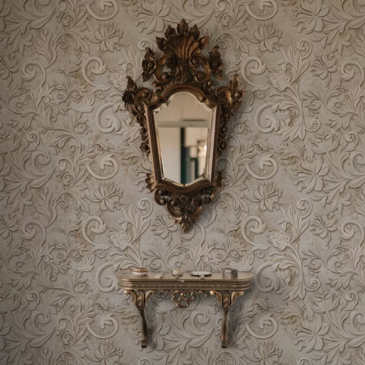 Wallpaper Stone relief with floral scrolls, vintage beige a00784