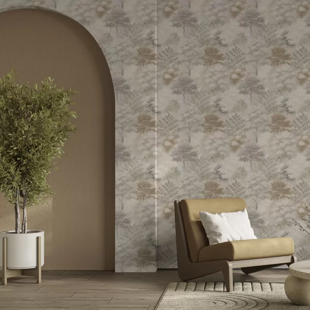 Wallpaper Gentle forest in mist, soft beige-gray tones a00785