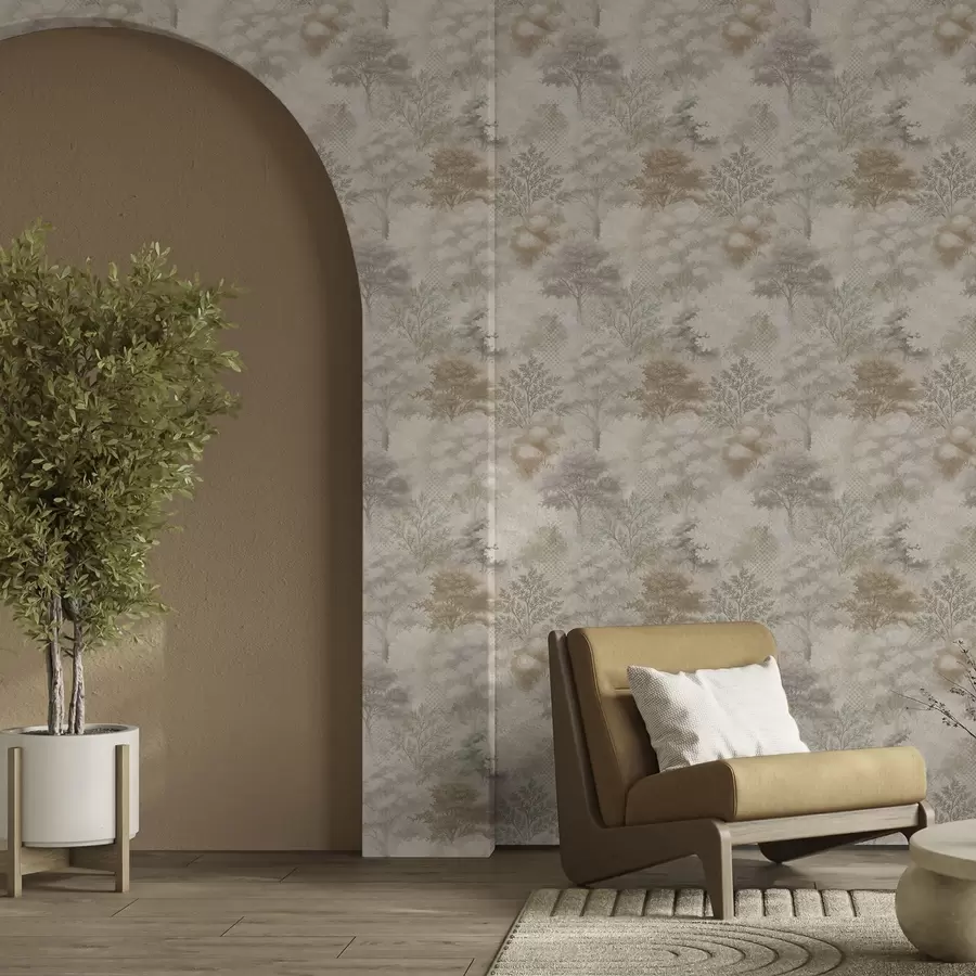 wall murals Gentle forest in mist, soft beige-gray tones a00785