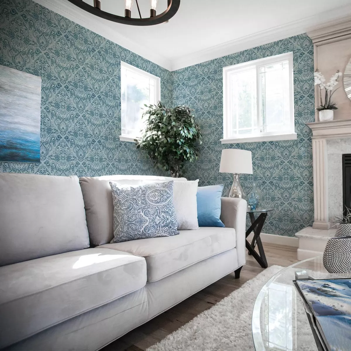 Wallpaper Classic damask, deep blue on light blue a00826