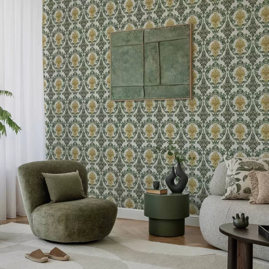 wall murals Damask with green scrolls on a light ground a00828v1