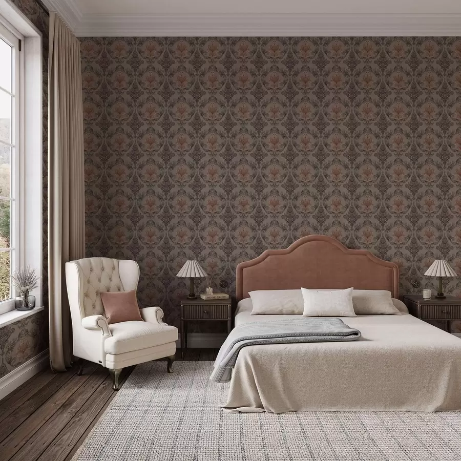 wall murals Damask in brown–terracotta palette, warm gray background a00828v2