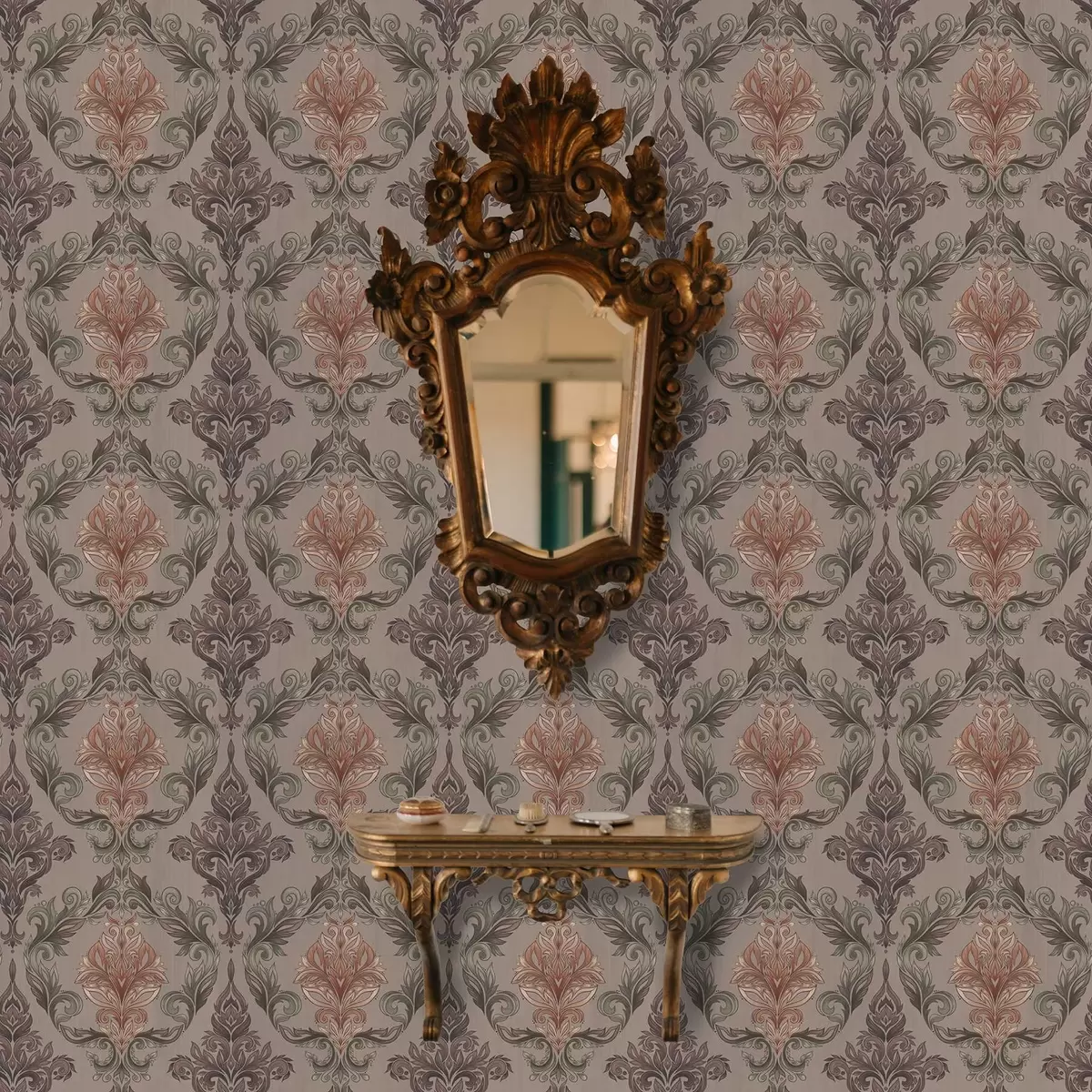 Wallpaper Damask in brown–terracotta palette, warm gray background a00828v2