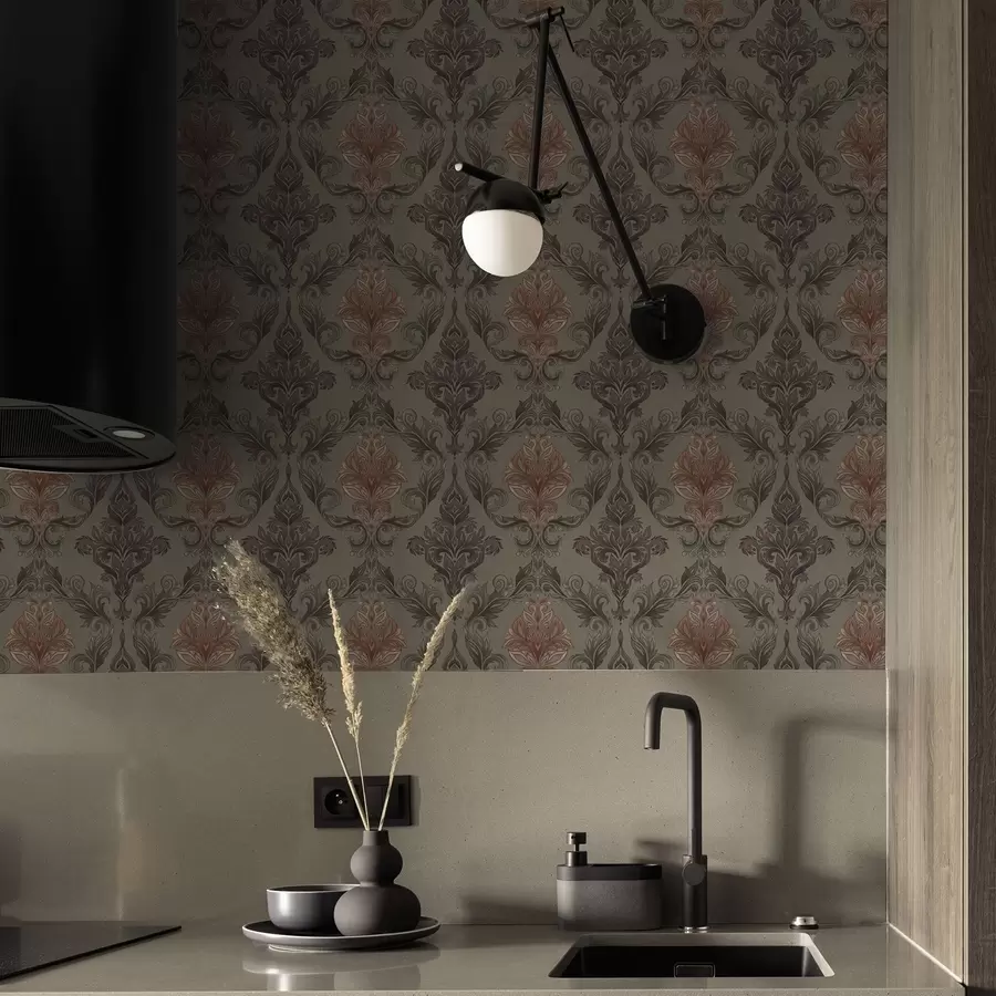 wall murals Terracotta damask on muted olive ground a00828v3