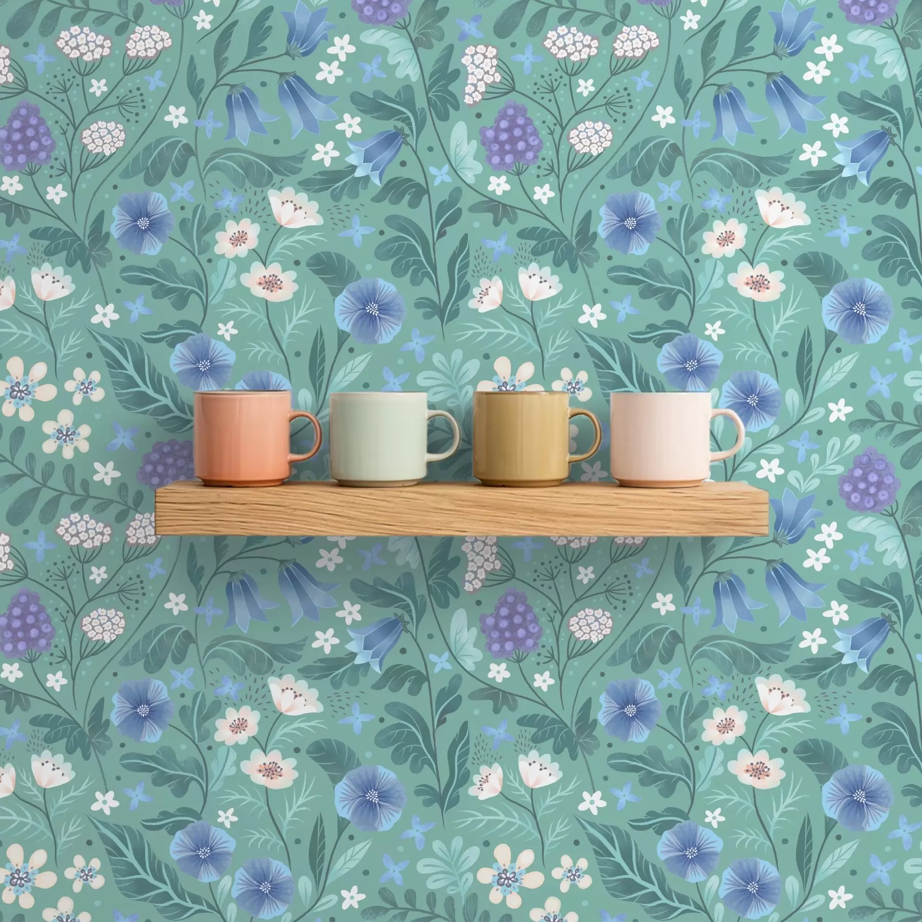 wall murals Wildflowers and berries on soft mint background a00849