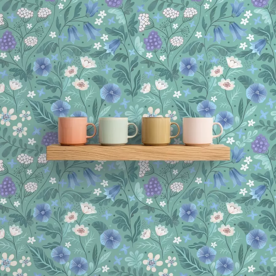 wall murals Wildflowers and berries on soft mint background a00849