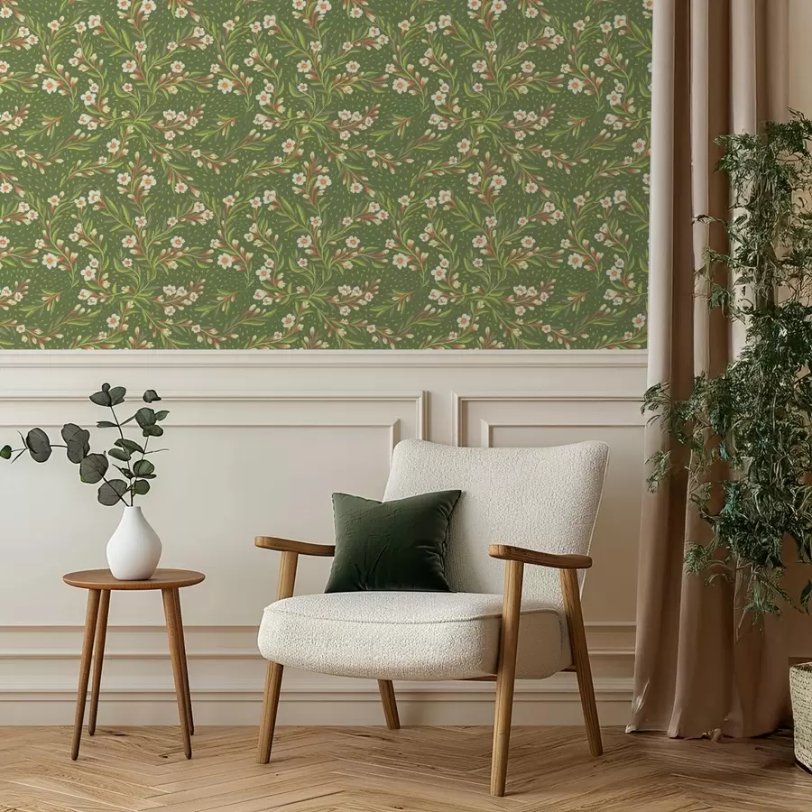 wall murals Sweeping branches with cream flowers on olive background a00850