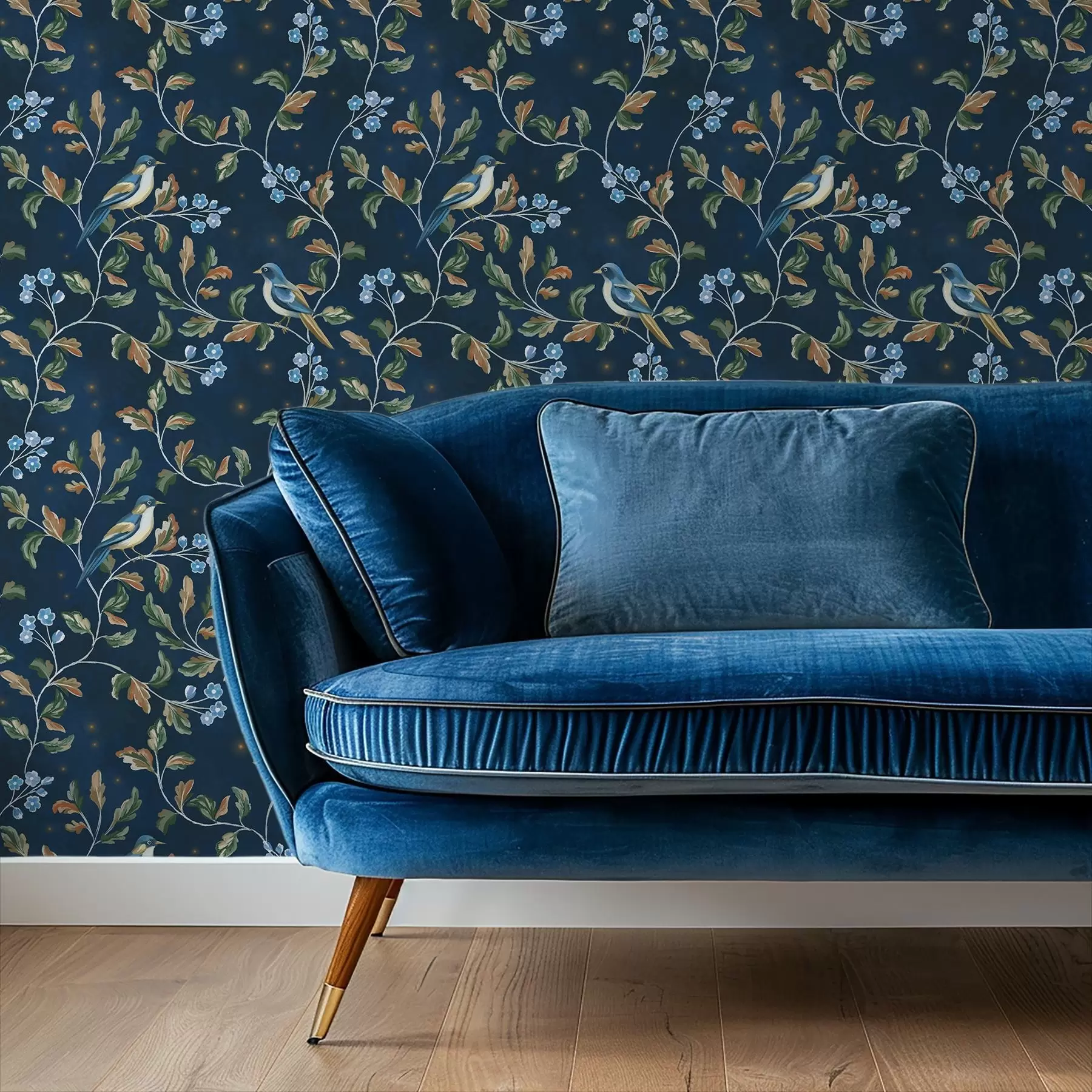 wall murals Tits on branches, night blue background with sparks a00858