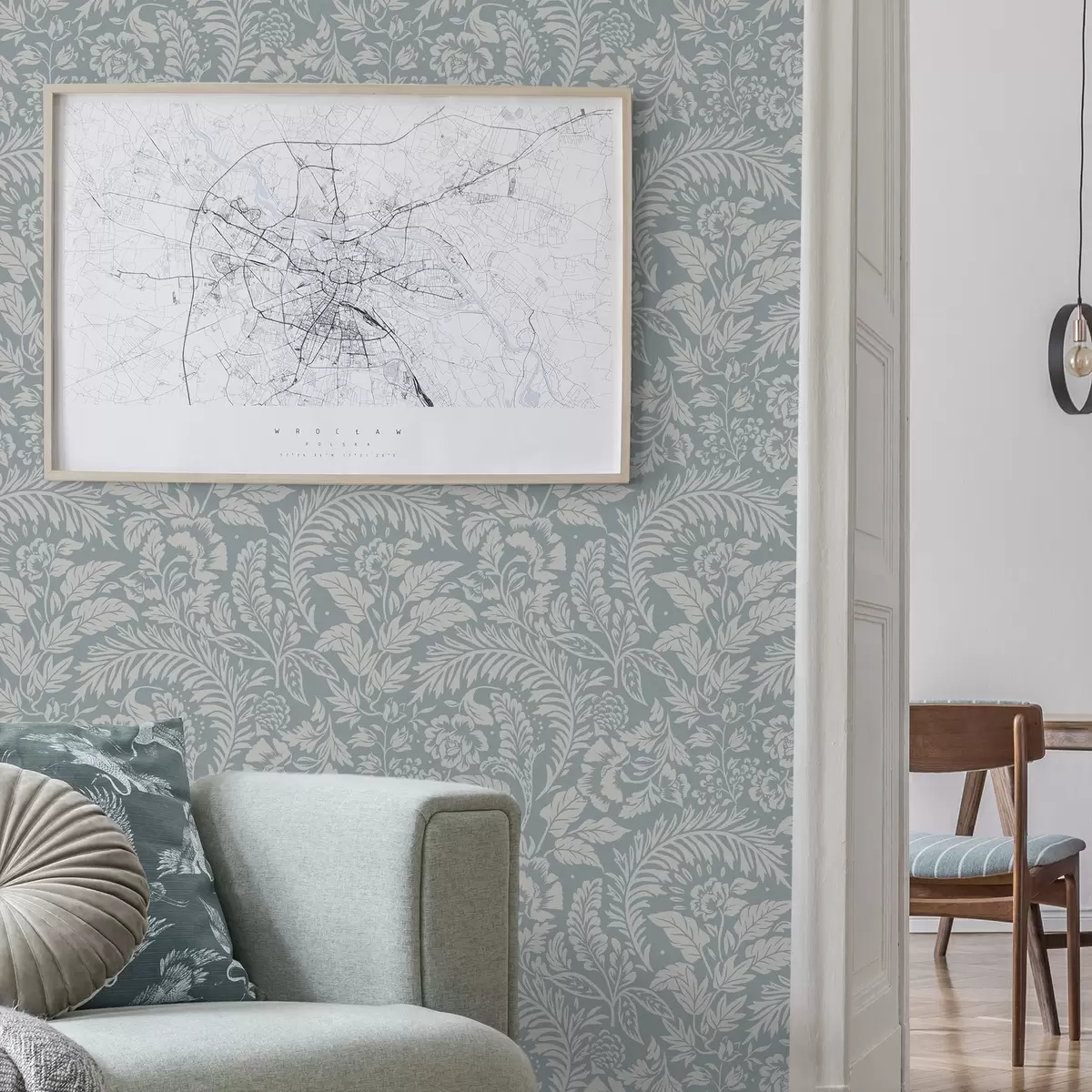 Wallpaper Monochrome floral pattern on gray-blue background a00859