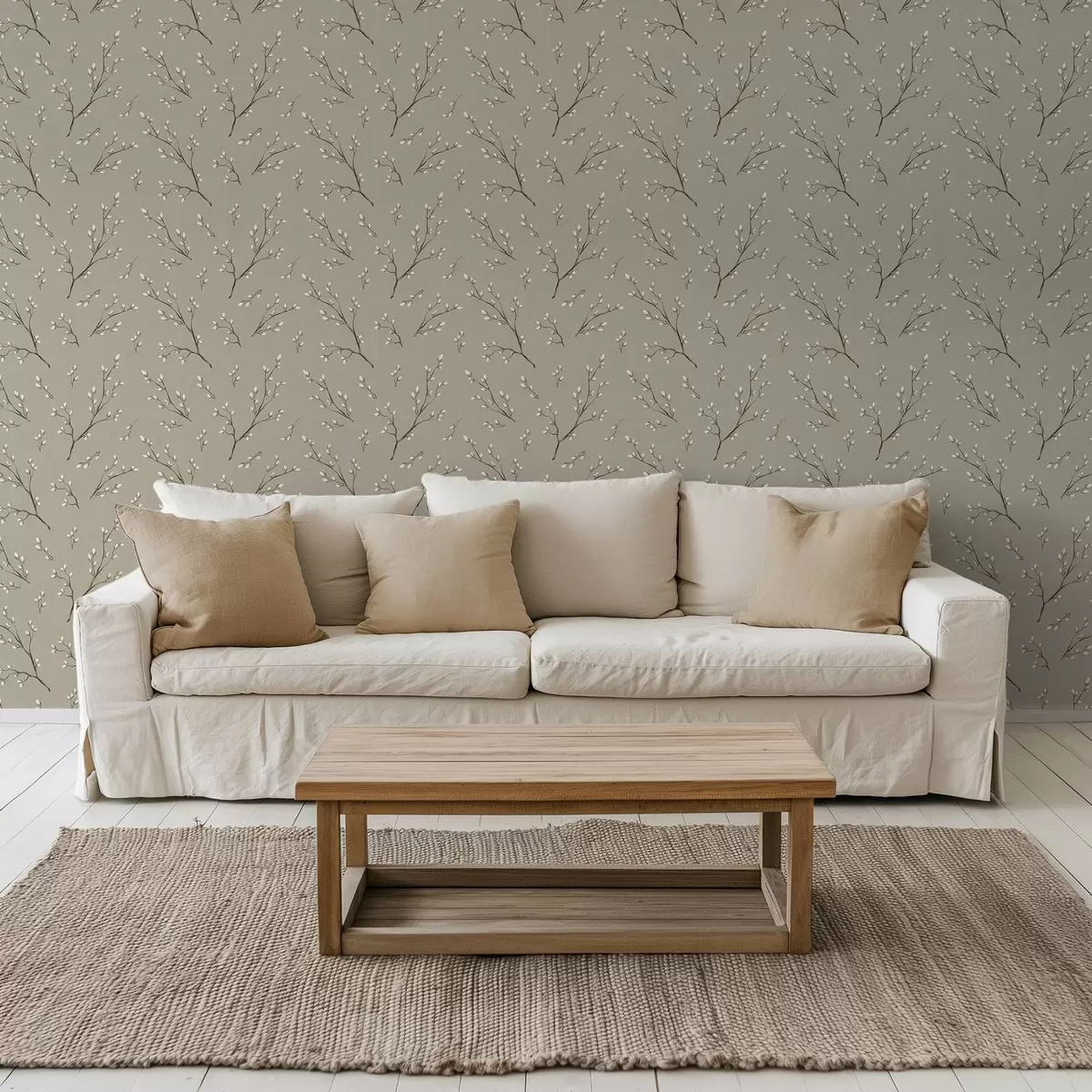 Wallpaper Twigs with white buds on linen taupe background a00861