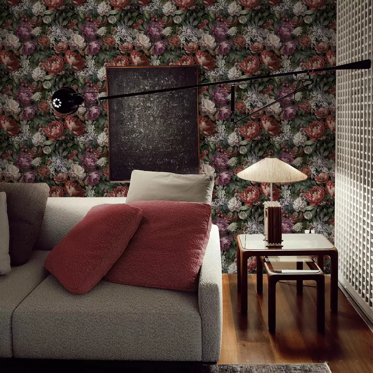 Wallpaper Dark dramatic peonies, berries and butterfly on black a00862