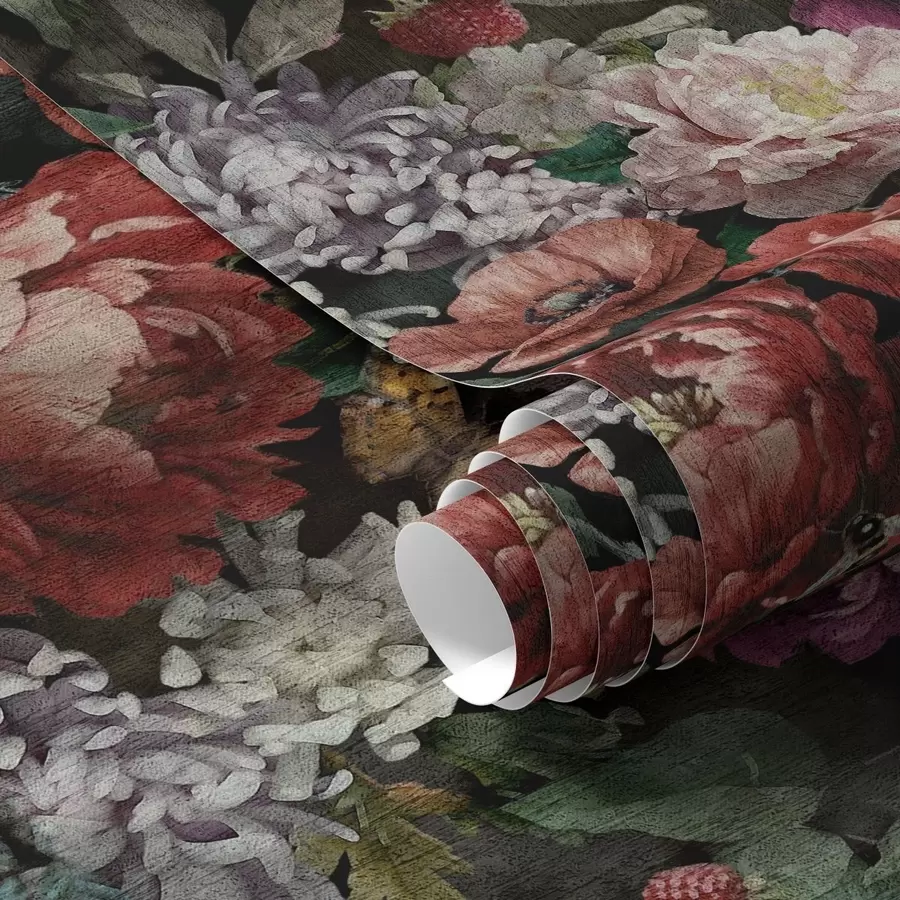 wall murals Dark dramatic peonies, berries and butterfly on black a00862