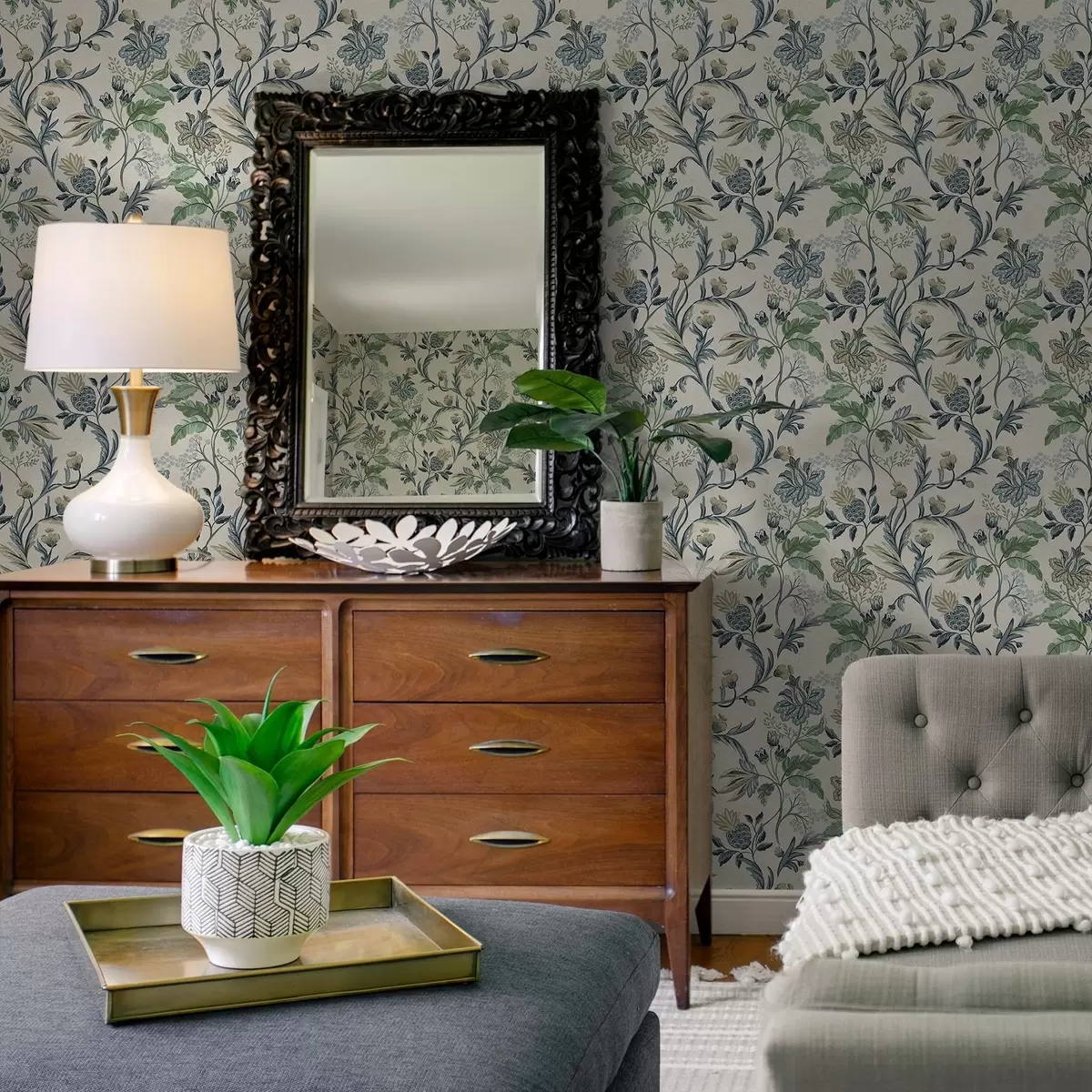 Wallpaper Blue-green folk florals and leaves on cream a00863
