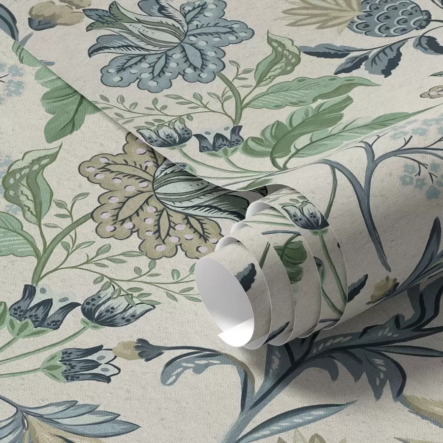 wall murals Blue-green folk florals and leaves on cream a00863