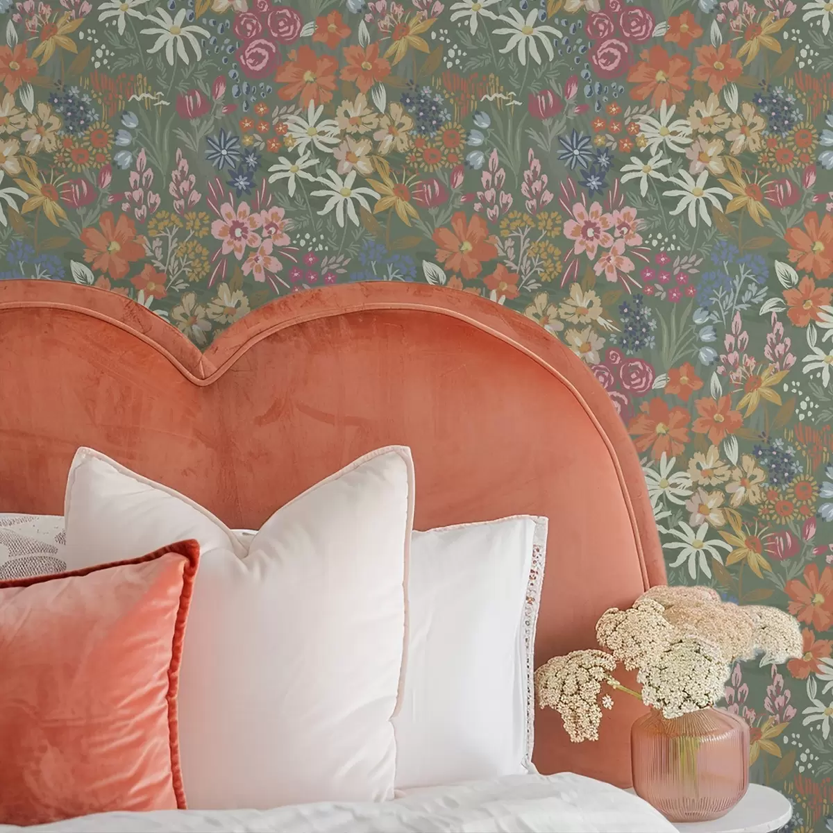 Wallpaper Painterly meadow florals on sage green a00864