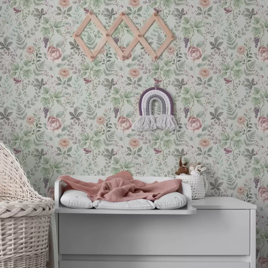 wall murals Pastel garden with roses, ferns and grapes a00867