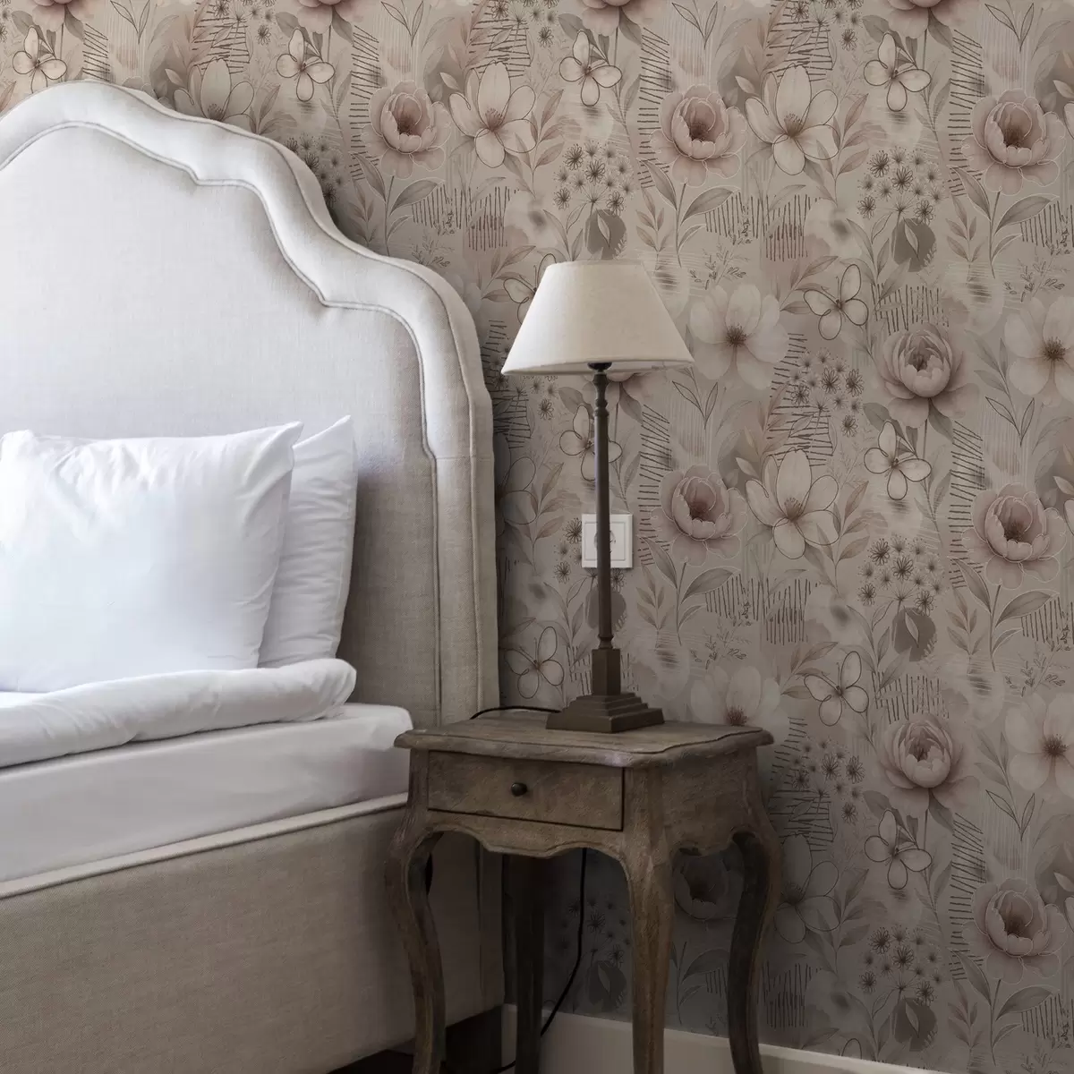 Wallpaper Sepia beige florals with butterfly and linear accents a00870