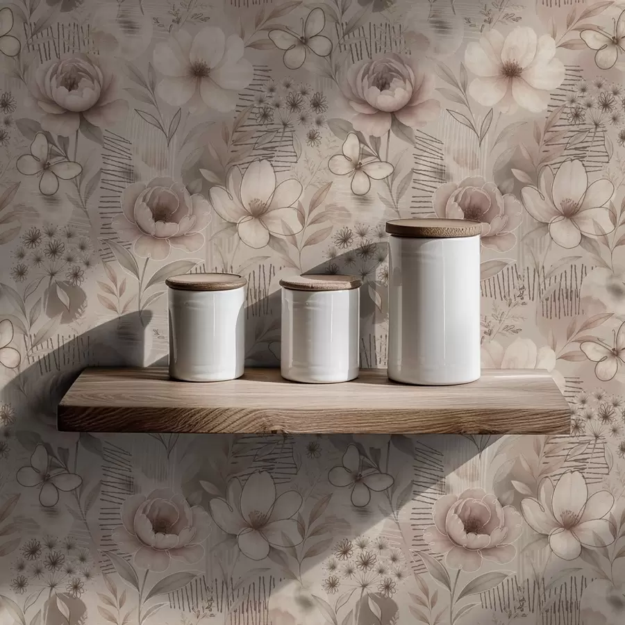 wall murals Sepia beige florals with butterfly and linear accents a00870