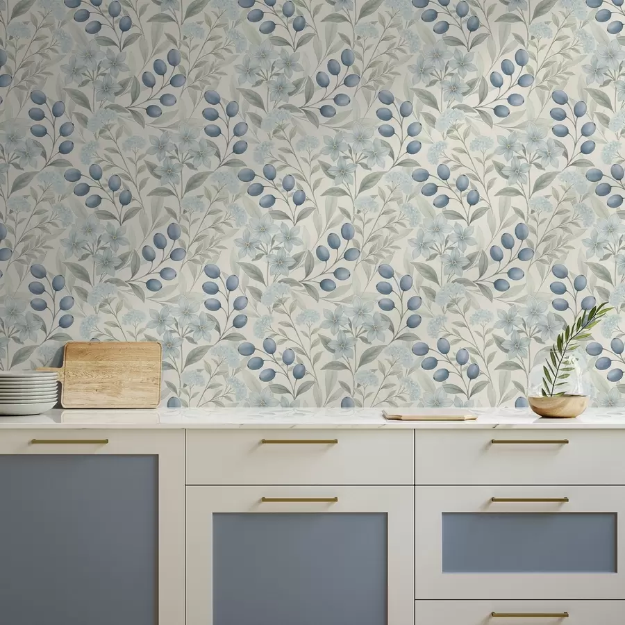 wall murals Blue berries and light flowers on ivory a00872