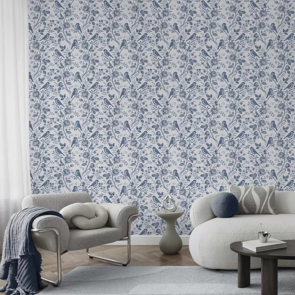 Wallpaper Blue toile birds and roses on white a00873