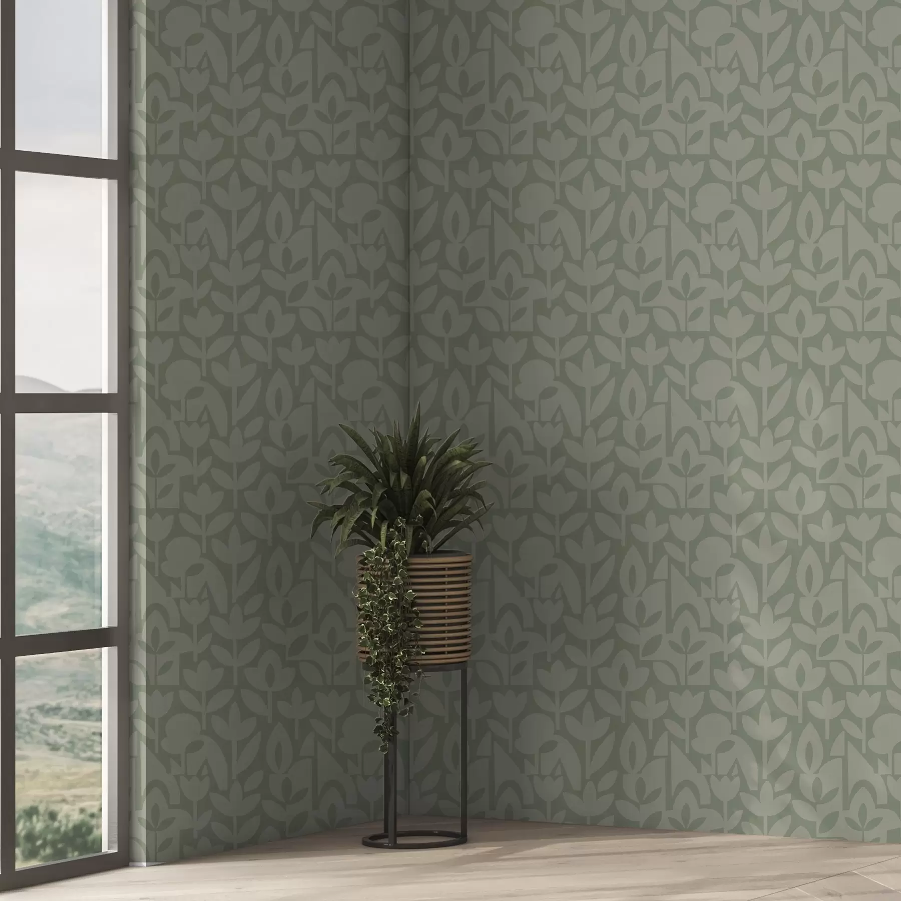 wall murals Geometric floral silhouettes in soft sage a00875v1