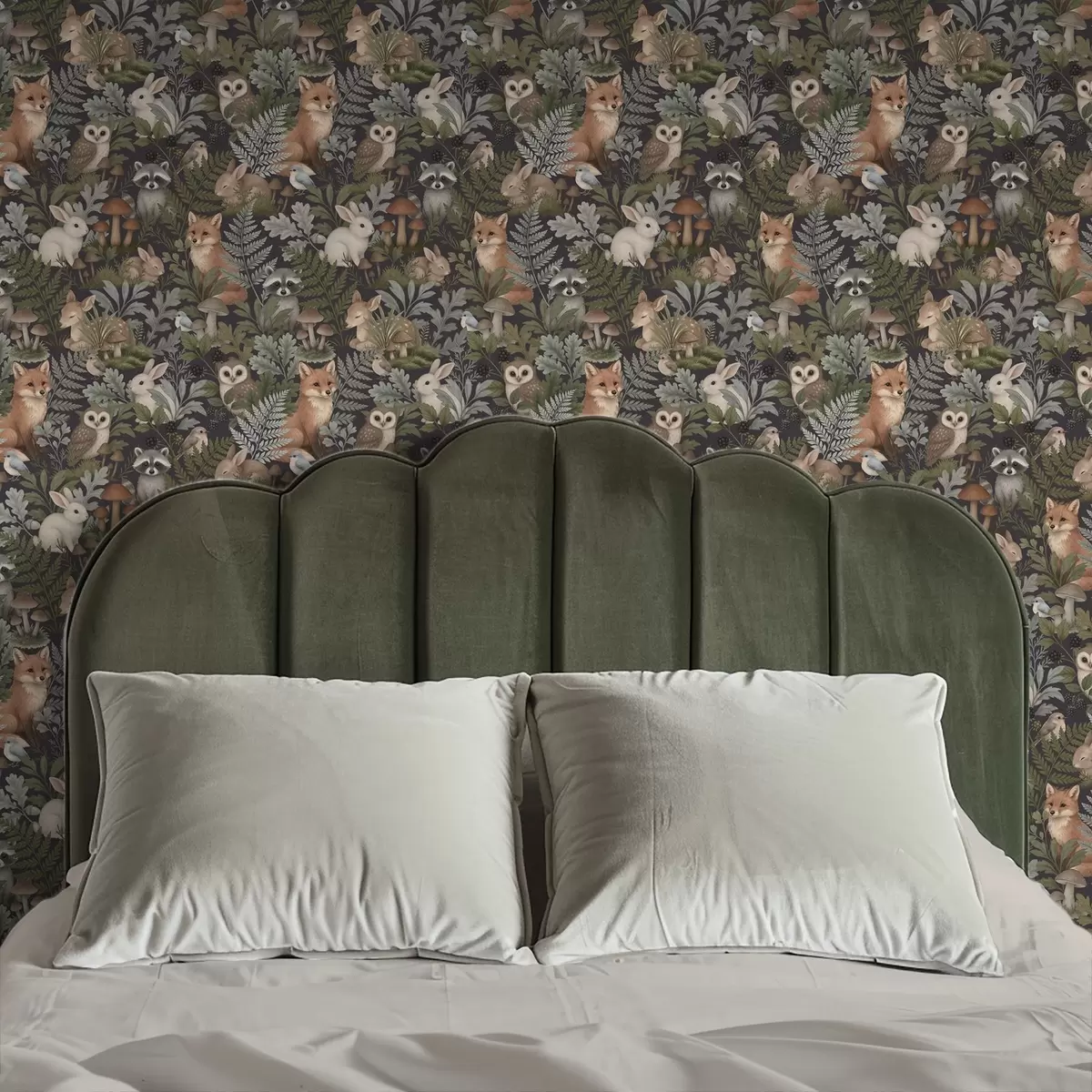 Wallpaper Woodland animals and ferns on deep charcoal a00880