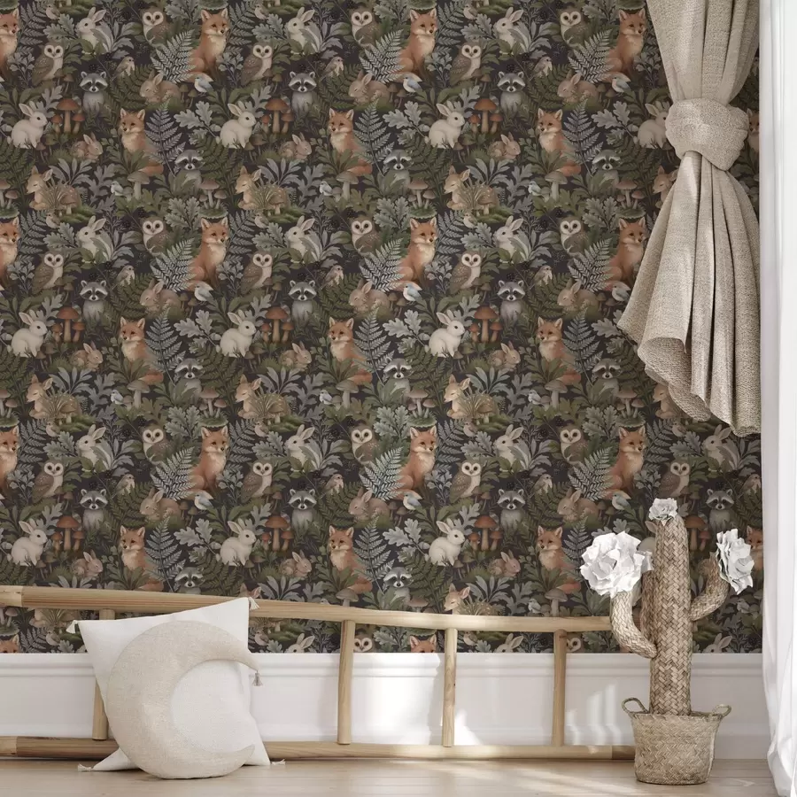 wall murals Woodland animals and ferns on deep charcoal a00880