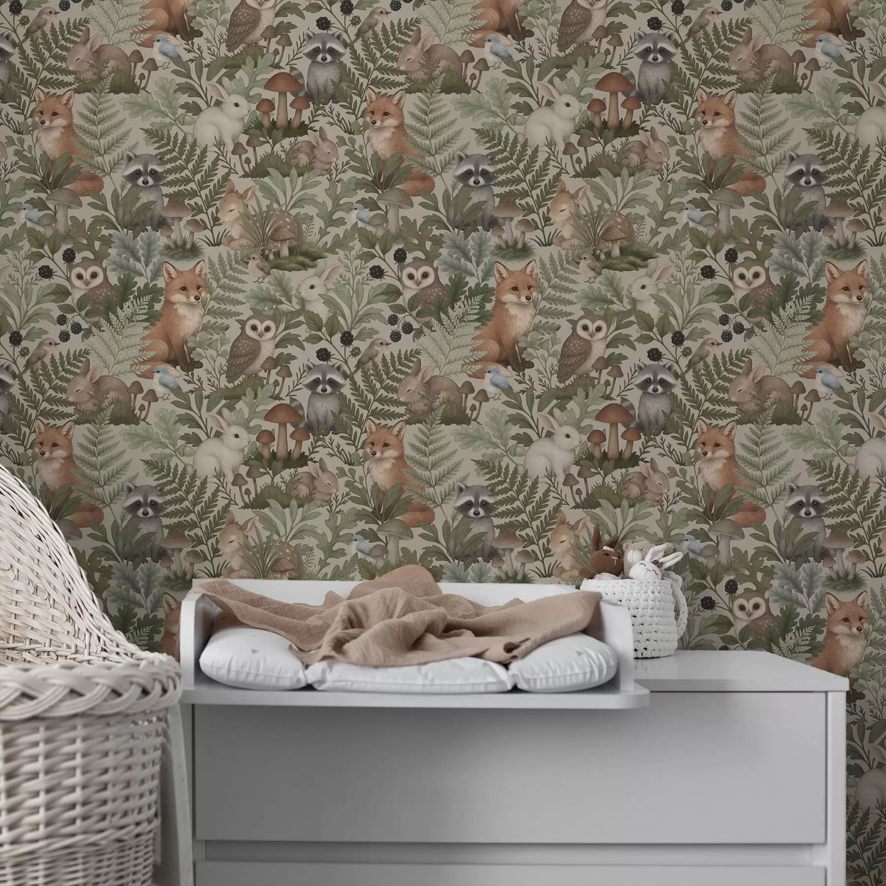 wall murals Woodland animals, ferns and mushrooms on light beige a00880v1