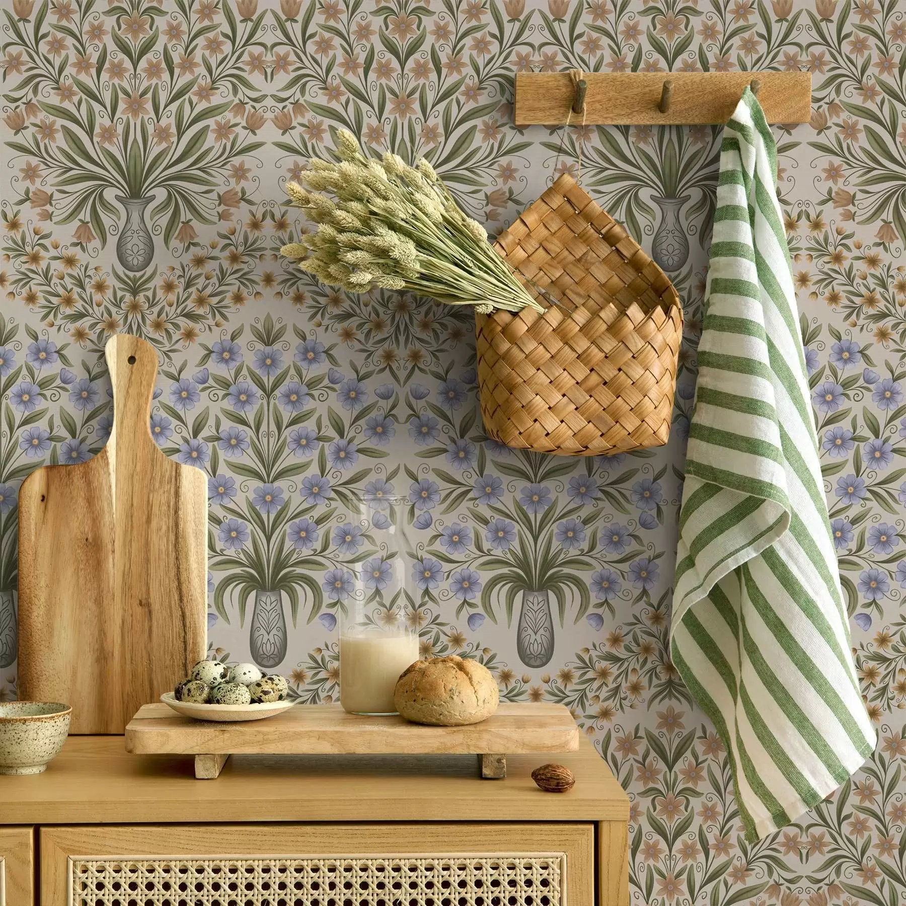wall murals Folk vases with blue blossoms and olive leaves on blush a00900