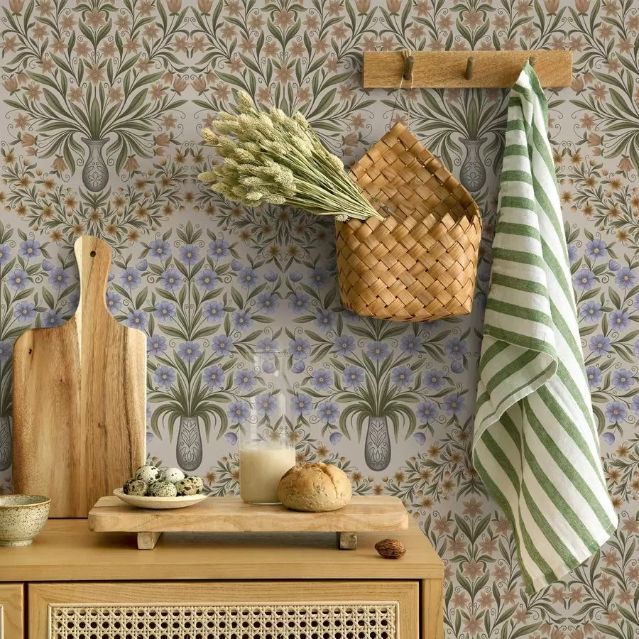 wall murals Folk vases with blue blossoms and olive leaves on blush a00900