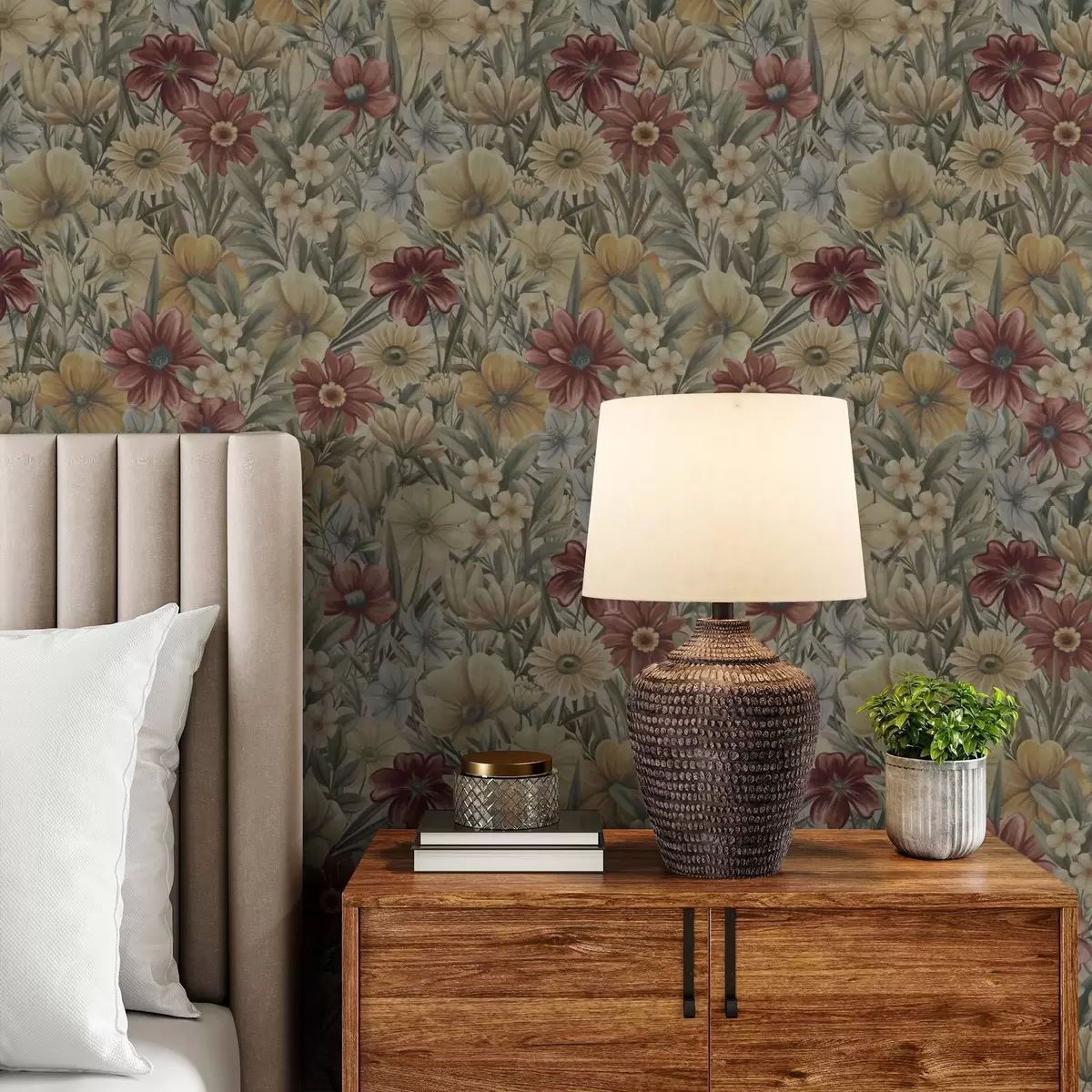 Wallpaper Vintage meadow blooms in warm yellows, reds and sage a00906