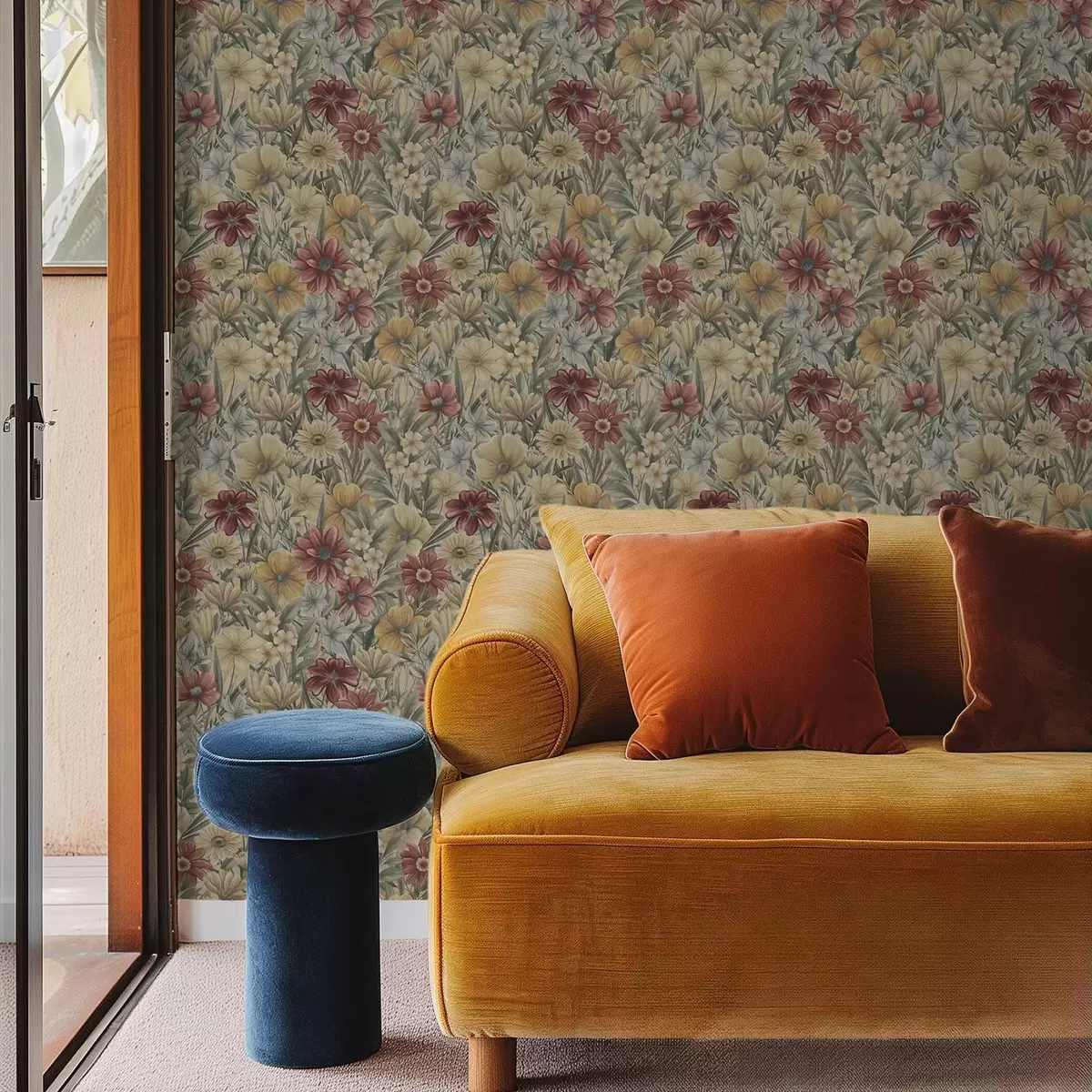 Wallpaper Vintage meadow blooms in warm yellows, reds and sage a00906