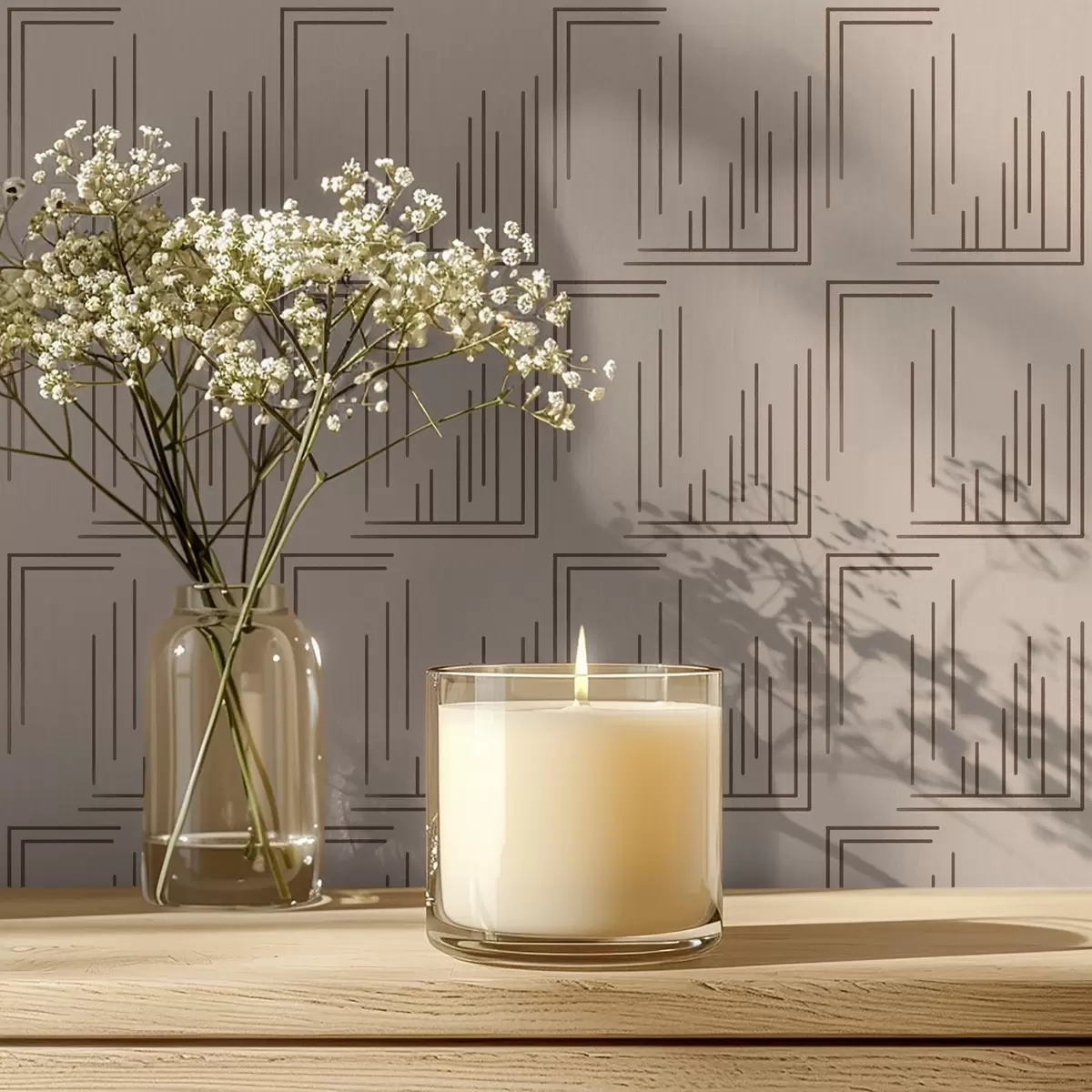 Wallpaper Cocoa linework corner squares on warm beige a00910