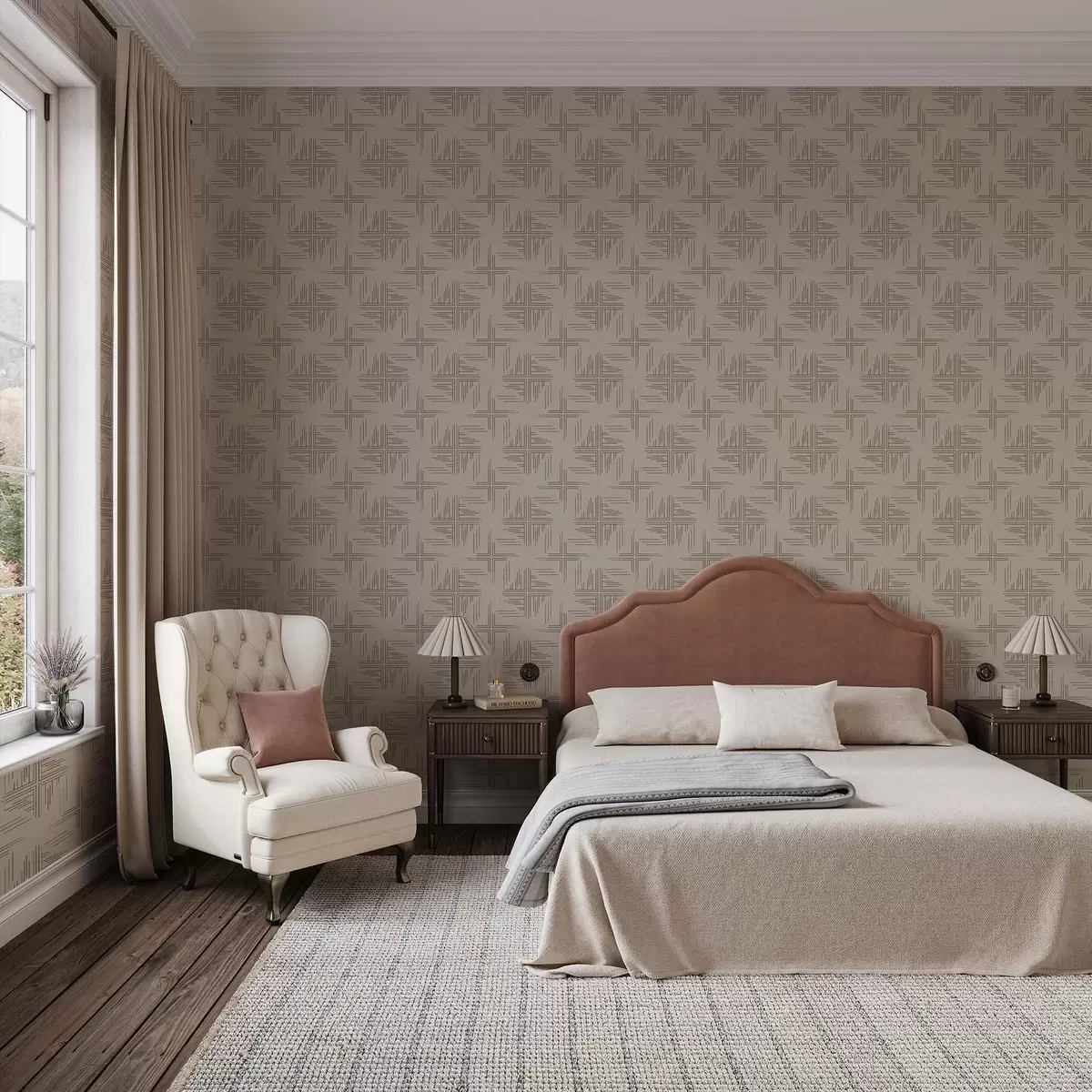 Wallpaper Cocoa linework grids with small central crosses, beige a00911