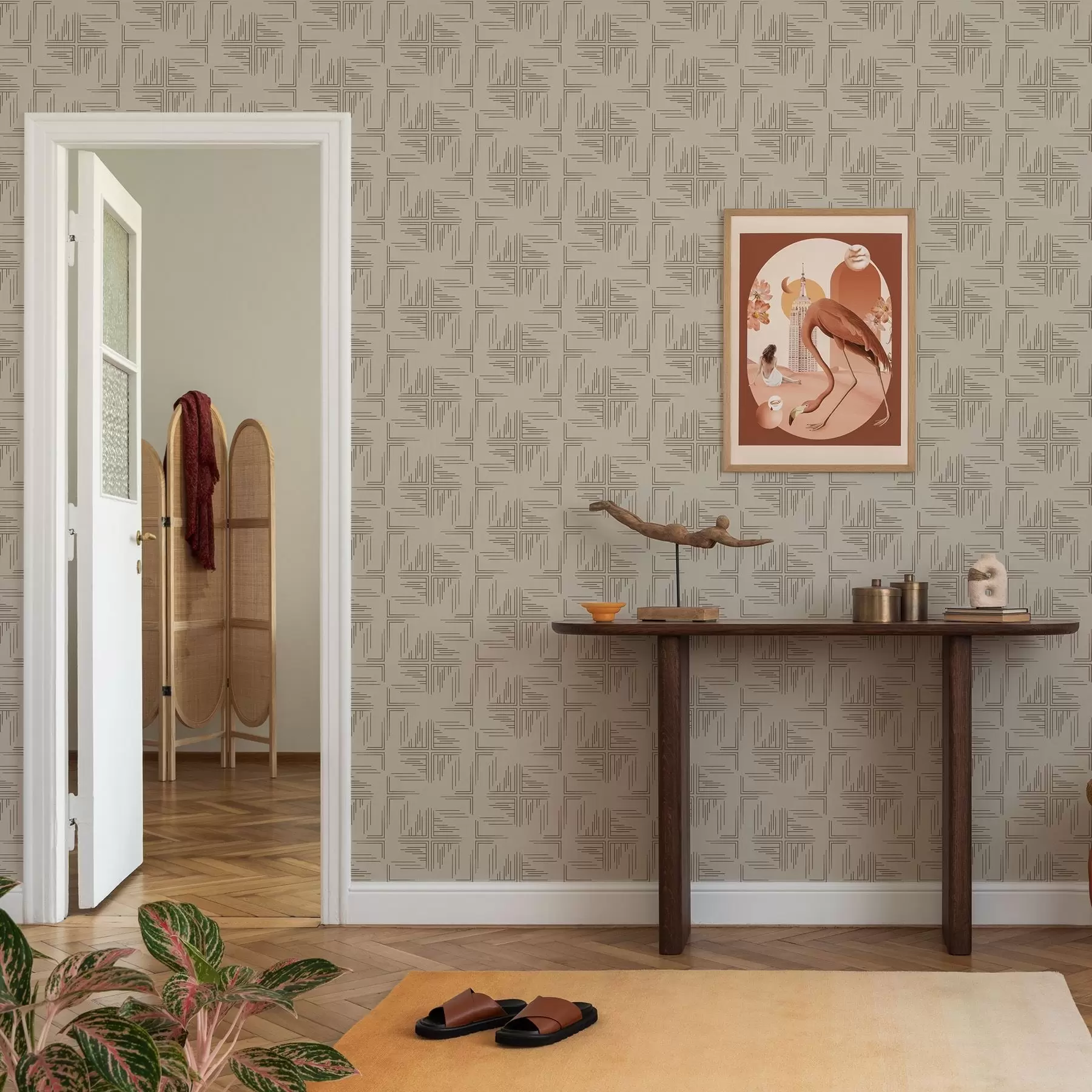 wall murals Offset cocoa corner blocks with scattered line accents, beige a00912